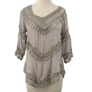 Cliche 3/4 Sleeve Pullover Crochet Top/Beach Coverup Gray V-Neck Cotton/Linen XS